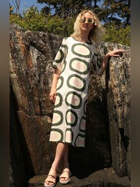 Marimekko Cream Midi Dress with Green Circle Motif